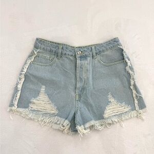 Forever 21 Women's Denim Light Blue High-Waist 100% Cotton Distressed Shorts 29